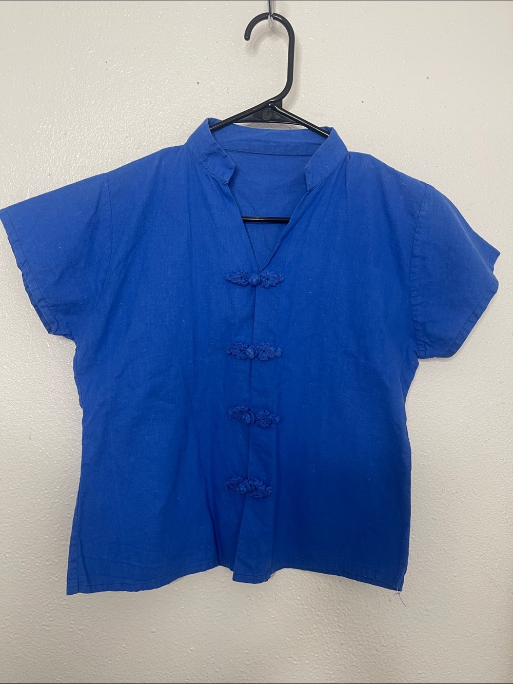 VINTAGE HANDMADE- Royal Blue Mandarin Button Linen Top- XS